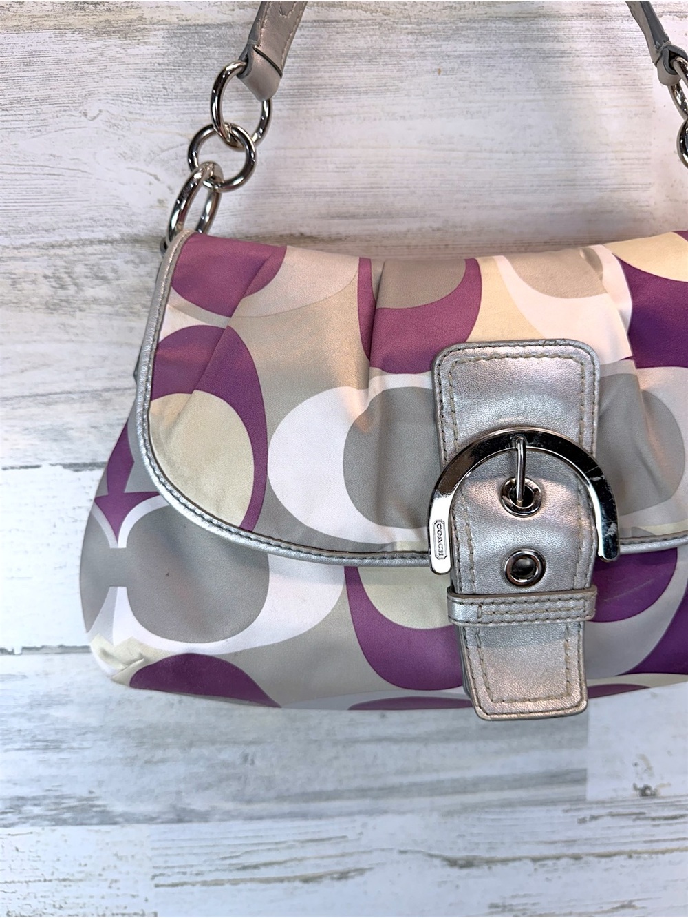 Coach Soho Purple Gray Op Art Satin Shoulder Bag Silver Buckle Hobo Purse - Picture 6 of 12